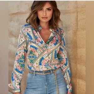 BOSTON PROPER Baroque Scroll Print Sophia Charmeuse Blouse PinkIcing.Size 0 NWOT